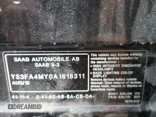 2010 Saab 9-3 z VIN YS3FA4MY0A1618311, wystawiony jako Copart lot #77884524 z przebiegiem 128 315 mil mil oraz Czysty tytuł • Clean title. Historia ofert i sprzedaży dostępna na DreamBid. Obrazek 12.