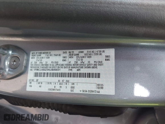 2022 Ford Escape SE Hybrid with VIN 1FMCU9BZ5NUB06831, listed as a IAAI auction lot 41747501 with 26,892 mi miles and . Bid and sale history available at carsss.com. Image 9.