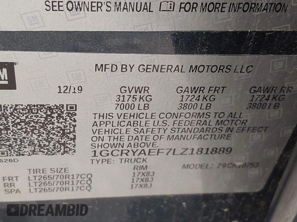 2020 Chevrolet Silverado 1500 Work Truck with VIN 1GCRYAEF7LZ181889, listed as a IAAI auction lot 41654233 with 129,594 mi miles and . Bid and sale history available at DreamBid. Image 9.