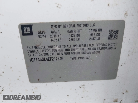 2014 Chevrolet Malibu LS with VIN 1G11A5SL4EF217246, listed as a IAAI auction lot 41674548 with 171,636 mi miles and . Bid and sale history available at DreamBid. Image 9.