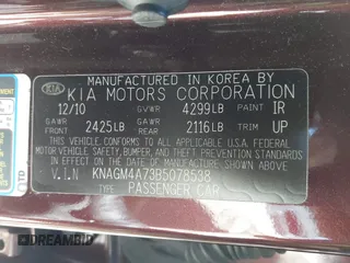 2011 Kia Optima LX with VIN KNAGM4A73B5078538, listed as a IAAI auction lot 41694077 with 217,822 mi miles and . Bid and sale history available at DreamBid. Image 9.