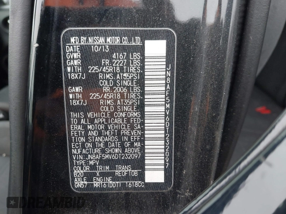 2013 Nissan Juke S with VIN JN8AF5MV6DT232097, listed as a IAAI auction lot 41126299 with 129,828 mi miles. Bid and sale history available at carsss.com. Image 9.