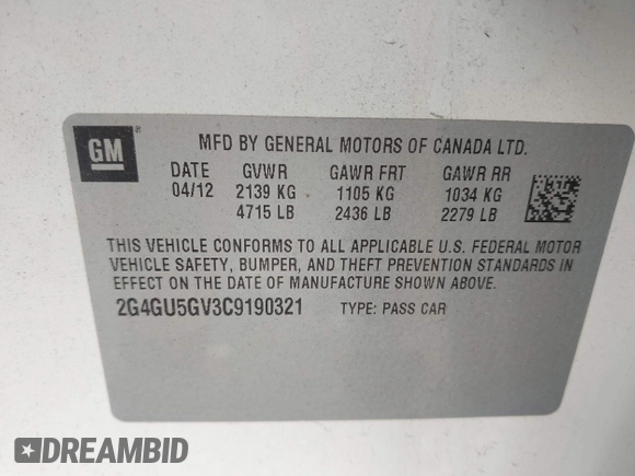 2012 Buick Regal Turbo Premium 3 with VIN 2G4GU5GV3C9190321, listed as a IAAI auction lot 42603218 with 116,452 mi miles and . Bid and sale history available at DreamBid. Image 9.