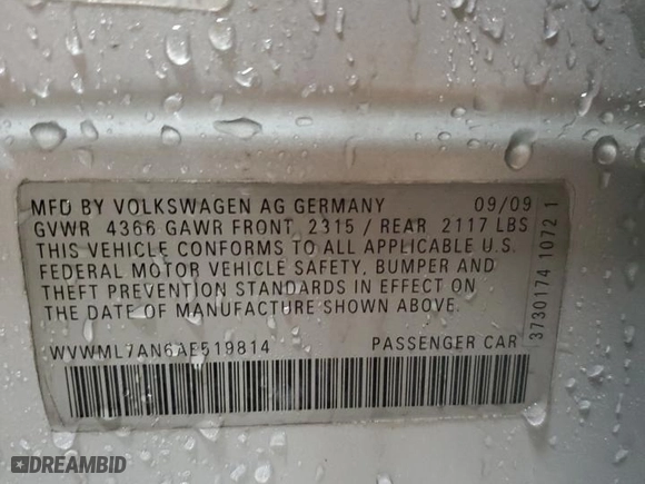 2010 Volkswagen CC Sport with VIN WVWML7AN6AE519814, listed as a Copart auction lot 50980645 with 94,709 mi miles and Salvage Title. Bid and sale history available at carsss.com. Image 12.