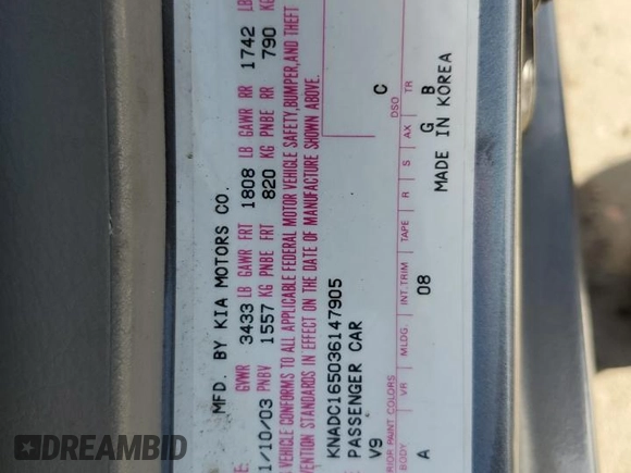 2003 Kia Rio with VIN KNADC165036147905, listed as a Copart auction lot 50461634 with 86,086 mi miles and Salvage Title. Bid and sale history available at carsss.com. Image 12.