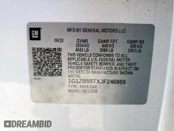 2018 Chevrolet Malibu LS with VIN 1G1ZB5STXJF246955, listed as a Copart auction lot 51877895 with 201,934 mi miles and Clean Title. Bid and sale history available at DreamBid. Image 12.