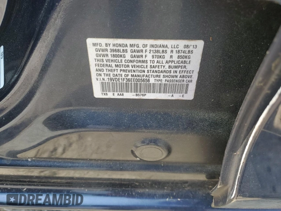 2014 Acura ILX with VIN 19VDE1F36EE005656, listed as a Copart auction lot 59100945 with 37,886 mi miles and Salvage title. Bid and sale history available at DreamBid. Image 12.