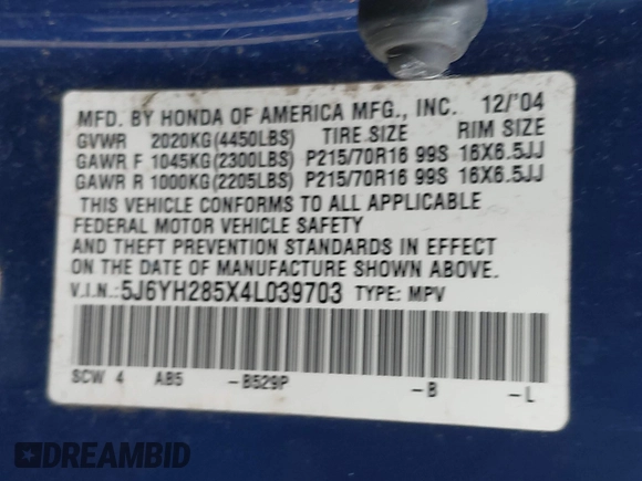 2004 Honda Element EX with VIN 5J6YH285X4L039703, listed as a IAAI auction lot 42519663 with 231,546 mi miles and . Bid and sale history available at DreamBid. Image 9.