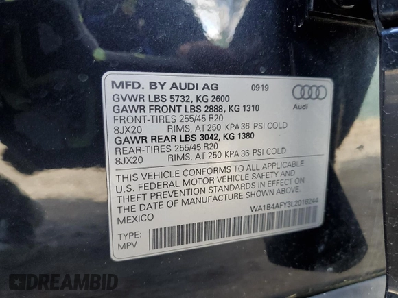 2020 Audi SQ5 Premium Plus with VIN WA1B4AFY3L2016244, listed as a Copart auction lot 51768275 with 30,084 mi miles and Salvage title. Bid and sale history available at DreamBid. Image 15.
