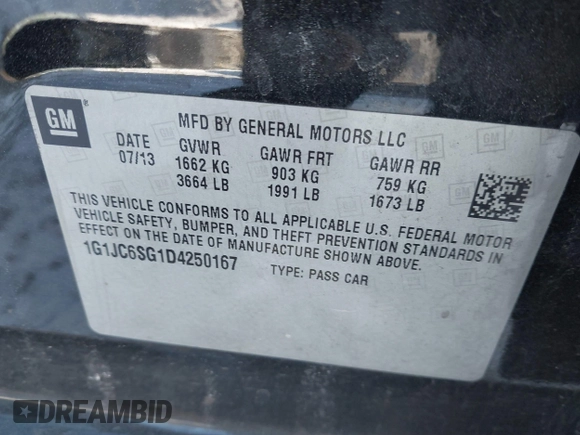 2013 Chevrolet Sonic LT with VIN 1G1JC6SG1D4250167, listed as a IAAI auction lot 41498238 with 66,750 mi miles. Bid and sale history available at carsss.com. Image 9.