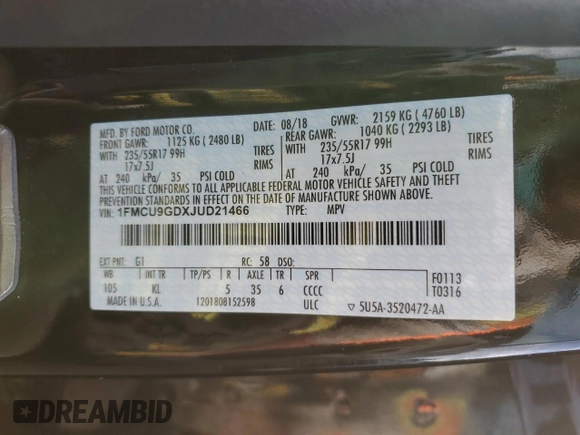 2018 Ford Escape SE z VIN 1FMCU9GDXJUD21466, wystawiony jako Copart lot #46266395 z przebiegiem Nie podano mil oraz Szkoda całkowita • Salvage title. Historia ofert i sprzedaży dostępna na DreamBid. Obrazek 13.