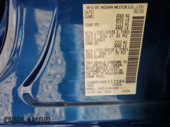 2016 Nissan Titan XD Platinum Reserve with VIN 1N6BA1F46GN512586, listed as a Copart auction lot 82406194 with 115,666 mi miles and Salvage Title. Bid and sale history available at carsss.com. Image 10.