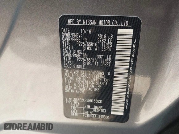 2017 Nissan Quest SV z VIN JN8AE2KP3H9165631, wystawiony jako IAAI lot #41981730 z przebiegiem 135 460 mil mil oraz . Historia ofert i sprzedaży dostępna na DreamBid. Obrazek 9.
