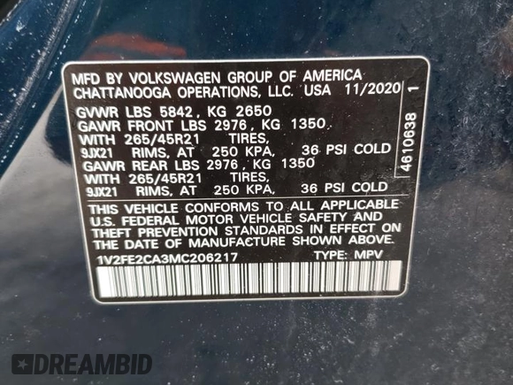 2021 Volkswagen Atlas SEL Premium R-Line with VIN 1V2FE2CA3MC206217, listed as a Copart auction lot 42675215 with 61,723 mi miles and Salvage title. Bid and sale history available at DreamBid. Image 15.