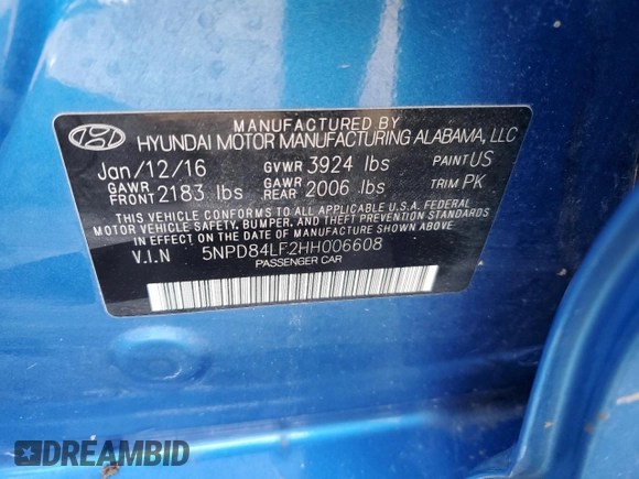 2017 Hyundai Elantra Limited with VIN 5NPD84LF2HH006608, listed as a Copart auction lot 46570005 with Not Provided miles and Salvage Title. Bid and sale history available at DreamBid. Image 13.