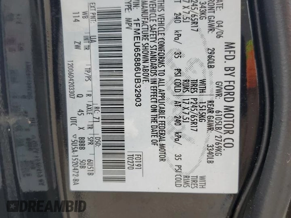 2006 Ford Explorer Limited with VIN 1FMEU65886UB32903, listed as a Copart auction lot 58937305 with Not provided miles and Salvage title. Bid and sale history available at DreamBid. Image 12.