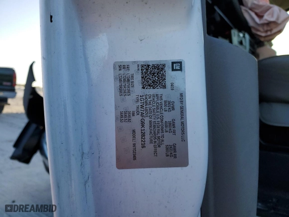 2019 GMC Savana Cargo Van with VIN 1GTW7AFG9K1282216, listed as a Copart auction lot 77577194 with 88,495 mi miles and Non Repairable. Bid and sale history available at carsss.com. Image 13.