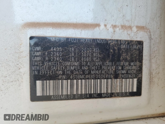 2014 Subaru Legacy 2.5i z VIN 4S3BMCA68E3006488, wystawiony jako Copart lot #55302575 z przebiegiem 168 614 mil mil oraz Szkoda całkowita • Salvage title. Historia ofert i sprzedaży dostępna na DreamBid. Obrazek 12.