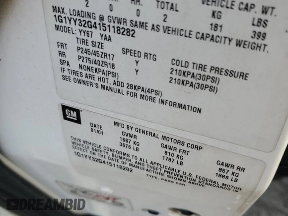 2001 Chevrolet Corvette with VIN 1G1YY32G415118282, listed as a Copart auction lot 78147574 with 0 mi miles and Salvage Title. Bid and sale history available at carsss.com. Image 13.