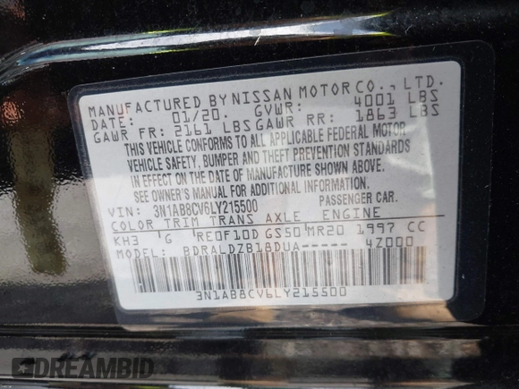 2020 Nissan Sentra SV with VIN 3N1AB8CV6LY215500, listed as a IAAI auction lot 41778106 with 24,981 mi miles and . Bid and sale history available at DreamBid. Image 9.