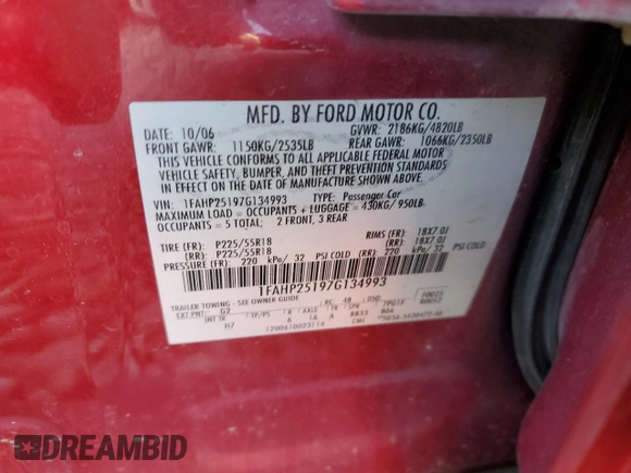 2007 Ford Five Hundred Limited with VIN 1FAHP25197G134993, listed as a Copart auction lot 75748654 with 0 mi miles and Clean Title. Bid and sale history available at carsss.com. Image 13.
