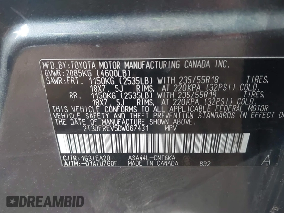 2013 Toyota RAV4 Limited with VIN 2T3DFREV5DW067431, listed as a IAAI auction lot 41809112 with 136,176 mi miles. Bid and sale history available at carsss.com. Image 9.