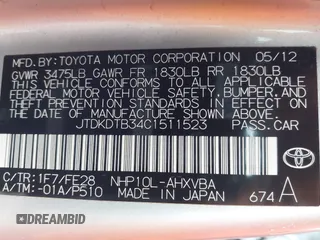 2012 Toyota Prius One with VIN JTDKDTB34C1511523, listed as a IAAI auction lot 41902739 with 68,698 mi miles. Bid and sale history available at carsss.com. Image 9.