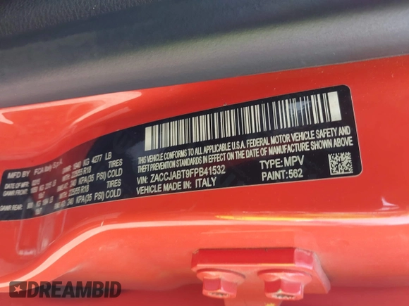 2015 Jeep Renegade Latitude with VIN ZACCJABT9FPB41532, listed as a IAAI auction lot 41977393 with 91,048 mi miles. Bid and sale history available at carsss.com. Image 9.