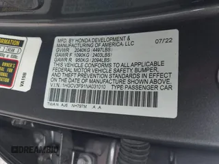 2022 Honda Accord Touring with VIN 1HGCV3F91NA031010, listed as a IAAI auction lot 40302407 with 18,820 mi miles and . Bid and sale history available at DreamBid. Image 9.