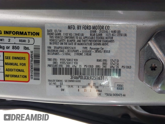 2014 Ford Fusion SE Hybrid with VIN 3FA6P0LU3ER251631, listed as a IAAI auction lot 41917855 with 88,076 mi miles. Bid and sale history available at carsss.com. Image 9.