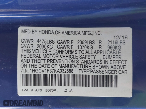 2019 Honda Accord Sport with VIN 1HGCV1F37KA032688, listed as a IAAI auction lot 42090157 with 117,762 mi miles and . Bid and sale history available at DreamBid. Image 9.
