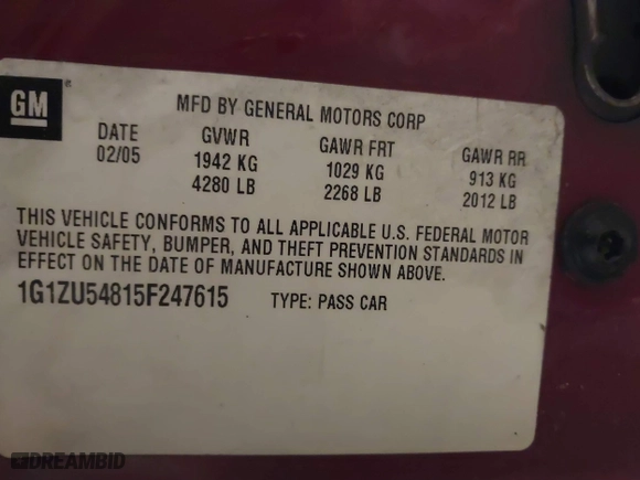 2005 Chevrolet Malibu LT with VIN 1G1ZU54815F247615, listed as a IAAI auction lot 41028831 with 195,269 mi miles. Bid and sale history available at carsss.com. Image 9.
