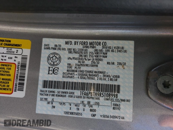 2024 Ford Mustang EcoBoost z VIN 1FA6P8TH9R5108998, wystawiony jako Copart lot #51508735 z przebiegiem 28 966 mil mil oraz Nie do naprawy • Non repairable. Historia ofert i sprzedaży dostępna na DreamBid. Obrazek 12.
