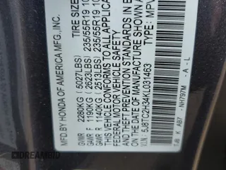 2019 Acura RDX с VIN 5J8TC2H34KL031463, выставлен на аукционе Copart как лот 55530845 с пробегом 97 012 миль миль и Списание • Salvage title. История ставок и продаж доступна на DreamBid. Изображение 13.