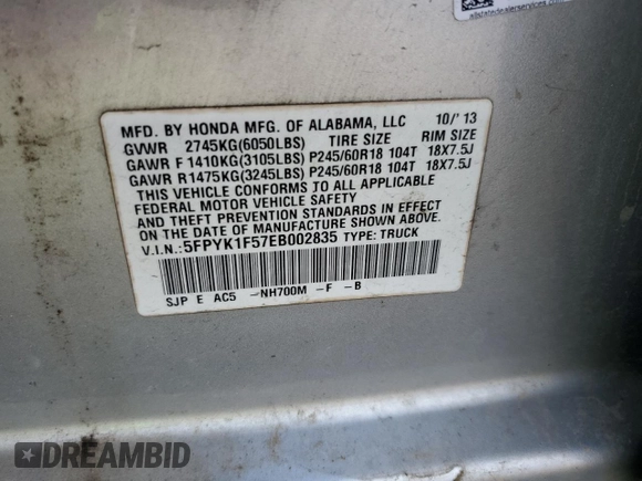 2014 Honda Ridgeline RTL with VIN 5FPYK1F57EB002835, listed as a Copart auction lot 54748905 with 111,253 mi miles and Salvage title. Bid and sale history available at DreamBid. Image 12.
