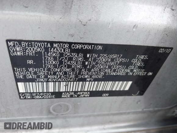2010 Toyota RAV4 with VIN JTMZF4DV0AD026417, listed as a IAAI auction lot 42496777 with 178,698 mi miles and . Bid and sale history available at DreamBid. Image 9.