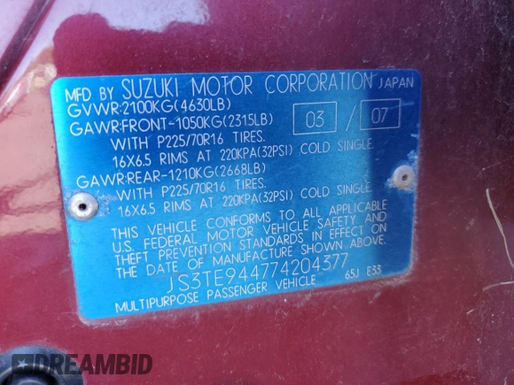 2007 Suzuki Grand Vitara XSport z VIN JS3TE944774204377, wystawiony jako Copart lot #87730295 z przebiegiem 114 051 mil mil oraz Szkoda całkowita • Salvage title. Historia ofert i sprzedaży dostępna na DreamBid. Obrazek 13.