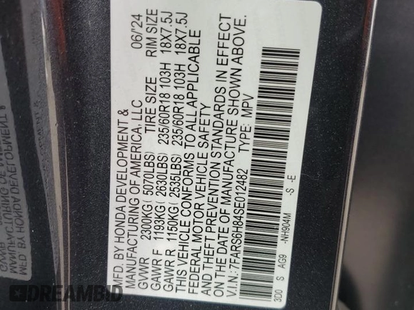 2025 Honda CR-V Sport-L with VIN 7FARS6H84SE012482, listed as a Copart auction lot 55705295 with 3,547 mi miles and Salvage Title. Bid and sale history available at DreamBid. Image 13.
