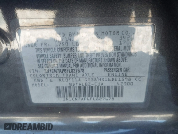 2015 Nissan Versa SV with VIN 3N1CN7AP6FL827678, listed as a IAAI auction lot 41422007 with 164,141 mi miles. Bid and sale history available at carsss.com. Image 9.