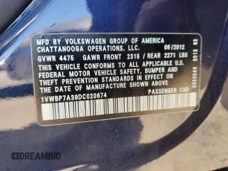 2013 Volkswagen Passat SE w/Sunroof with VIN 1VWBP7A39DC020674, listed as a Copart auction lot 52454205 with 121,897 mi miles and Salvage Title. Bid and sale history available at carsss.com. Image 12.