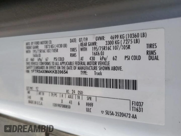 2019 Ford Transit with VIN 1FTRS4XM4KKB39654, listed as a Copart auction lot 50274575 with 61,472 mi miles and Clean Title. Bid and sale history available at DreamBid. Image 13.