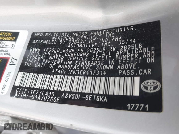2014 Toyota Camry L with VIN 4T4BF1FK3ER417314, listed as a IAAI auction lot 41711172 with 117,246 mi miles. Bid and sale history available at carsss.com. Image 9.