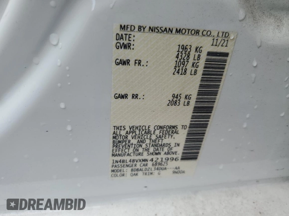 2021 Nissan Altima 2.5 S with VIN 1N4BL4BVXMN421996, listed as a Copart auction lot 63767744 with 61,216 mi miles and Salvage Title. Bid and sale history available at carsss.com. Image 13.