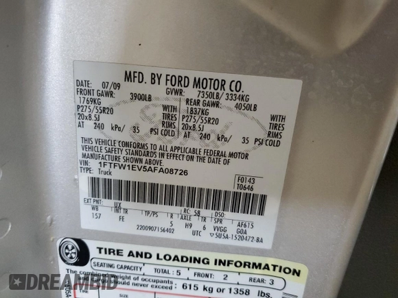 2010 Ford F-150 XL with VIN 1FTFW1EV5AFA08726, listed as a Copart auction lot 53744585 with 274,389 mi miles and Salvage Title. Bid and sale history available at carsss.com. Image 12.