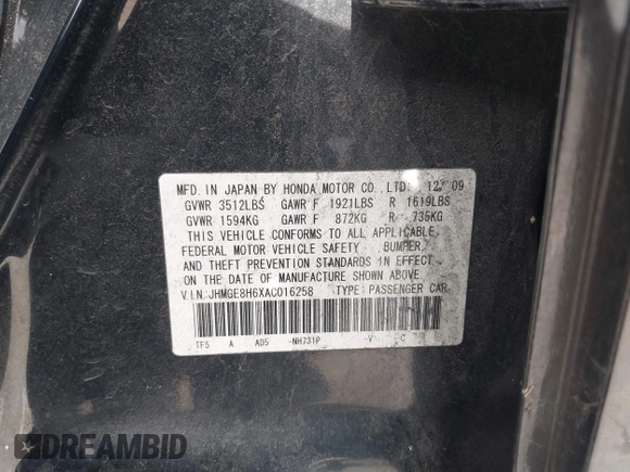 2010 Honda Fit Sport with VIN JHMGE8H6XAC016258, listed as a IAAI auction lot 42041472 with 167,498 mi miles and . Bid and sale history available at DreamBid. Image 9.