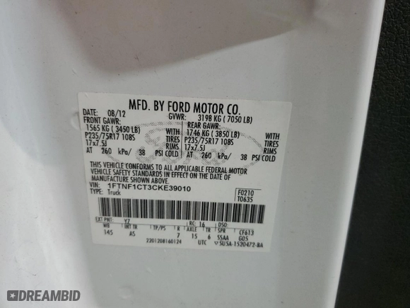 2012 Ford F-150 XL with VIN 1FTNF1CT3CKE39010, listed as a Copart auction lot 81052863 with 140,543 mi miles and Clean Title. Bid and sale history available at carsss.com. Image 12.