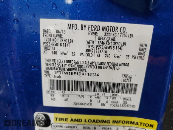 2013 Ford F-150 XL with VIN 1FTFW1EF1DKF18124, listed as a Copart auction lot 59978075 with 151,545 mi miles and Salvage title. Bid and sale history available at DreamBid. Image 12.
