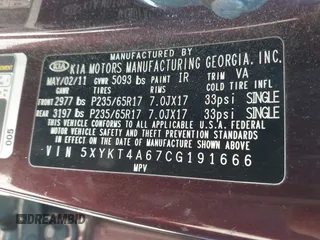 2012 Kia Sorento LX with VIN 5XYKT4A67CG191666, listed as a IAAI auction lot 42047583 with 175,404 mi miles. Bid and sale history available at carsss.com. Image 9.