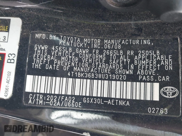 2008 Toyota Avalon XL with VIN 4T1BK36B38U319020, listed as a IAAI auction lot 41972622 with 250,000 mi miles and . Bid and sale history available at DreamBid. Image 9.