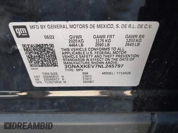 2022 Chevrolet Equinox LT with VIN 3GNAXKEV7NL245797, listed as a IAAI auction lot 41776901 with 18,055 mi miles. Bid and sale history available at carsss.com. Image 9.